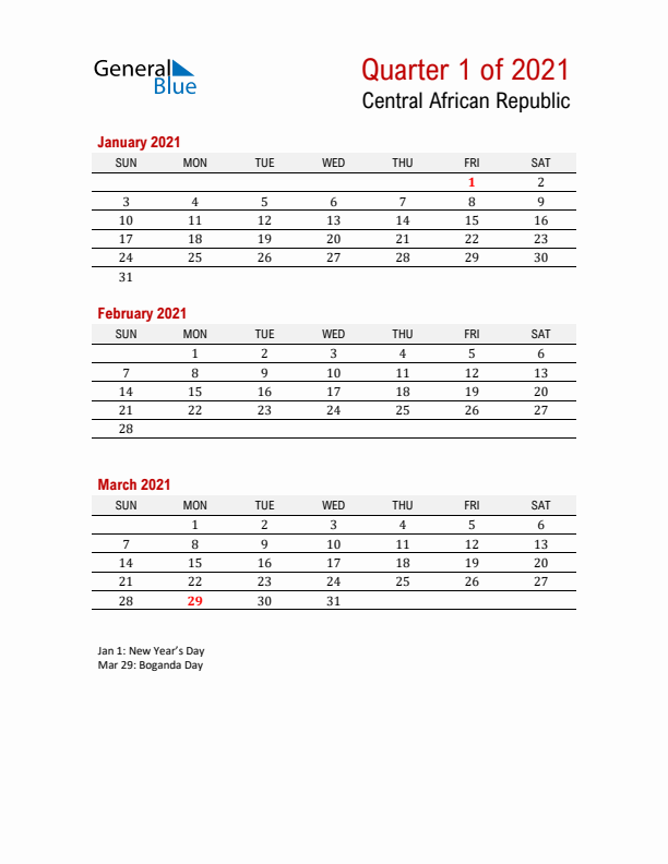 Printable Three Month Calendar with Central African Republic Holidays