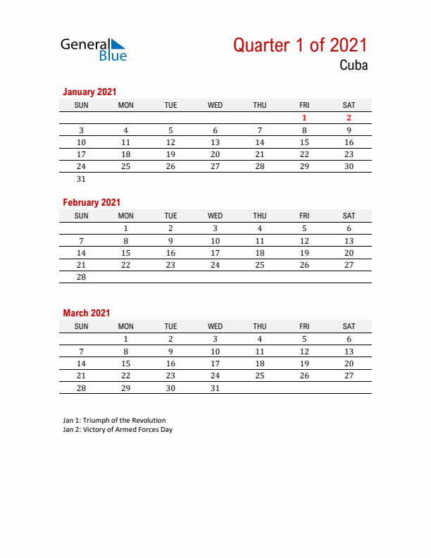 Printable Three Month Calendar with Cuba Holidays