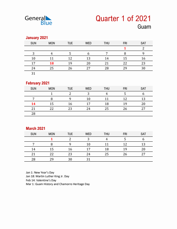 Printable Three Month Calendar with Guam Holidays