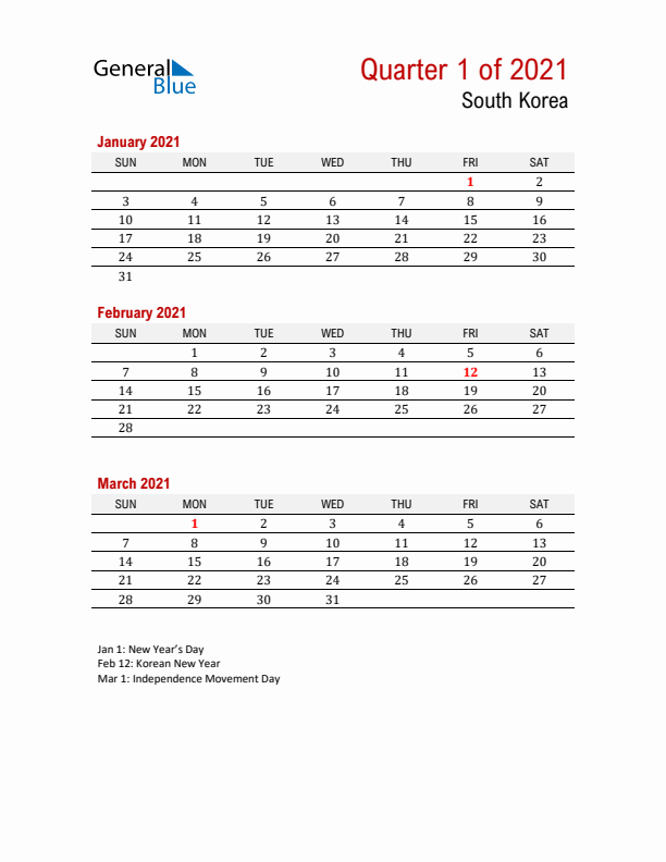 Printable Three Month Calendar with South Korea Holidays