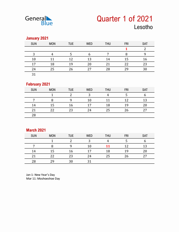 Printable Three Month Calendar with Lesotho Holidays