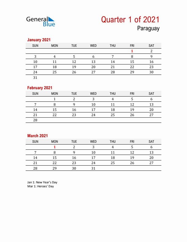 Printable Three Month Calendar with Paraguay Holidays