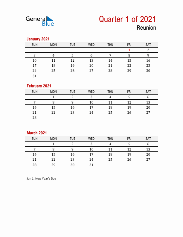 Printable Three Month Calendar with Reunion Holidays