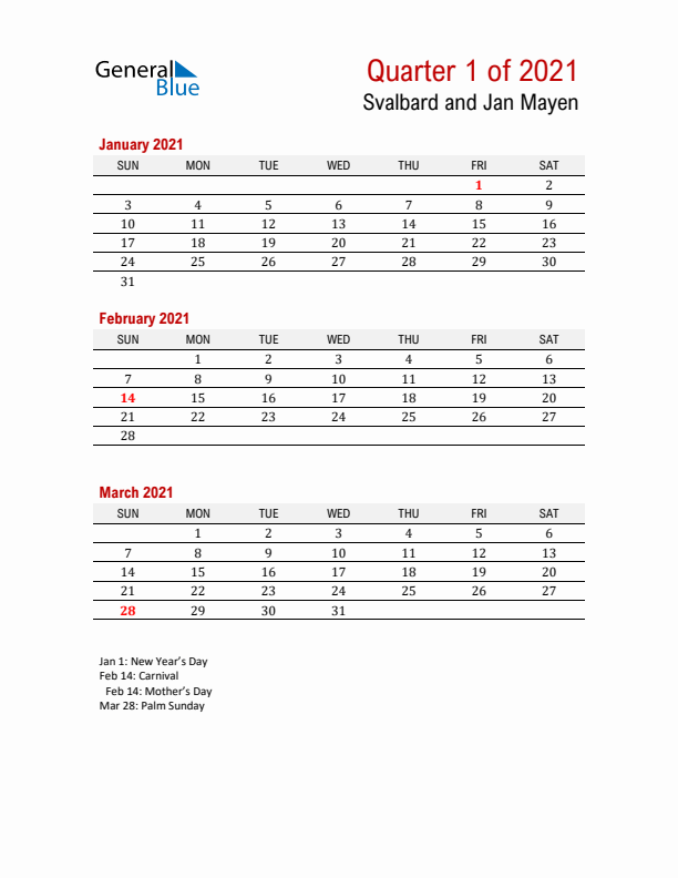 Printable Three Month Calendar with Svalbard and Jan Mayen Holidays