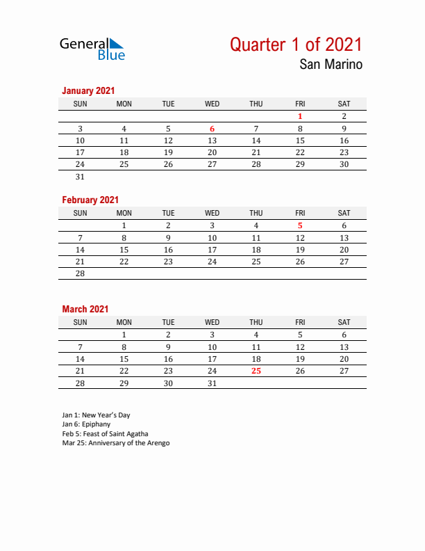 Printable Three Month Calendar with San Marino Holidays