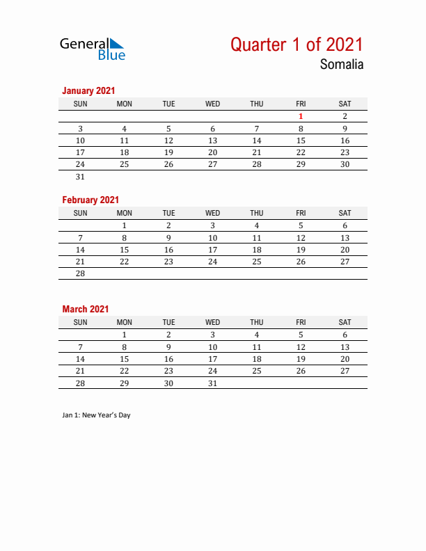 Printable Three Month Calendar with Somalia Holidays