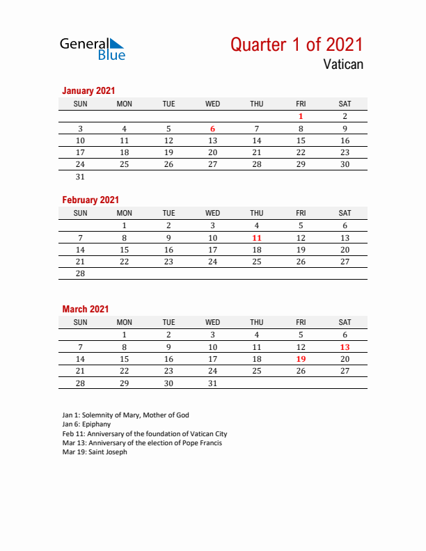 Printable Three Month Calendar with Vatican Holidays