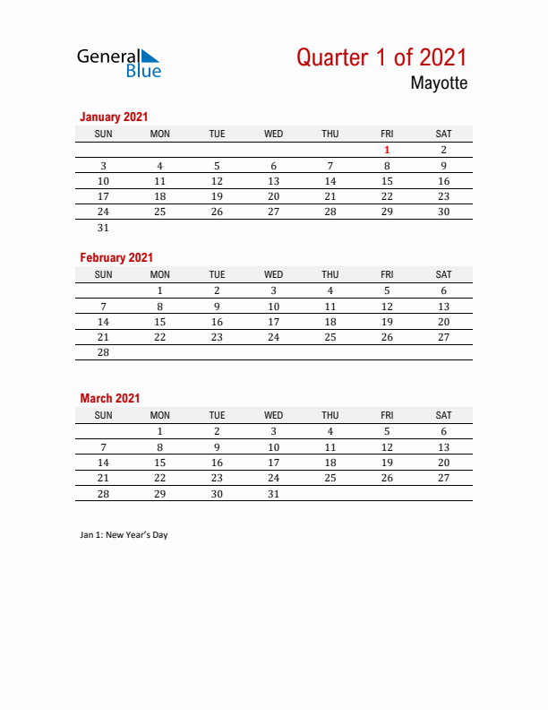 Printable Three Month Calendar with Mayotte Holidays