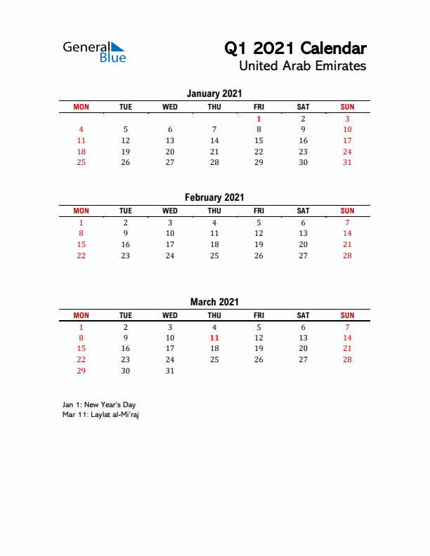 2021 Q1 Calendar with Holidays List for United Arab Emirates