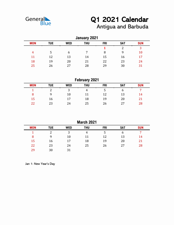 2021 Q1 Calendar with Holidays List for Antigua and Barbuda