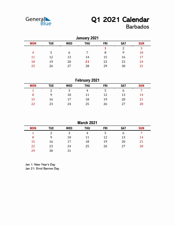 2021 Q1 Calendar with Holidays List for Barbados