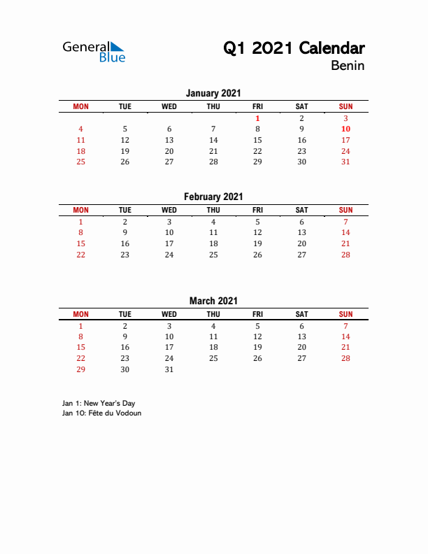 2021 Q1 Calendar with Holidays List for Benin