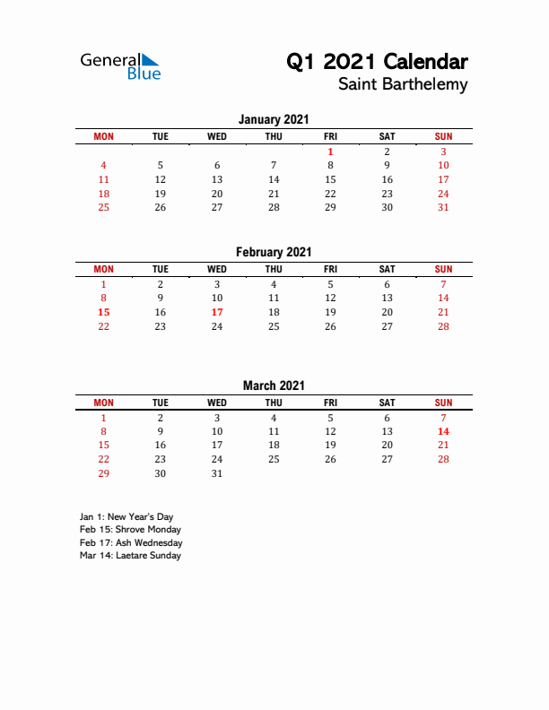 2021 Q1 Calendar with Holidays List for Saint Barthelemy