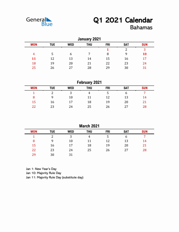 2021 Q1 Calendar with Holidays List for Bahamas