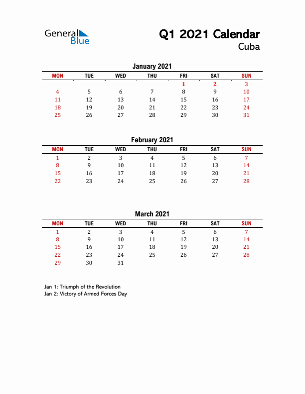 2021 Q1 Calendar with Holidays List for Cuba