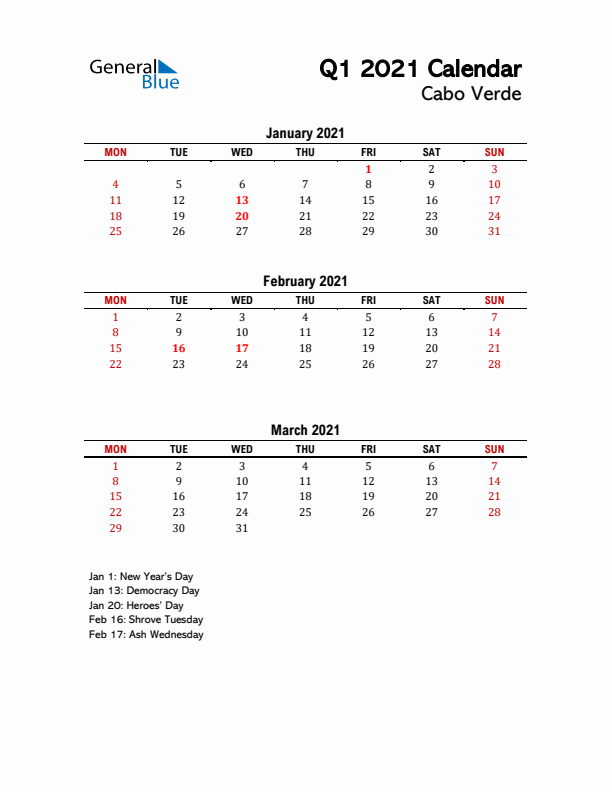 2021 Q1 Calendar with Holidays List for Cabo Verde