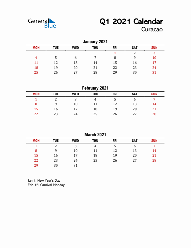 2021 Q1 Calendar with Holidays List for Curacao