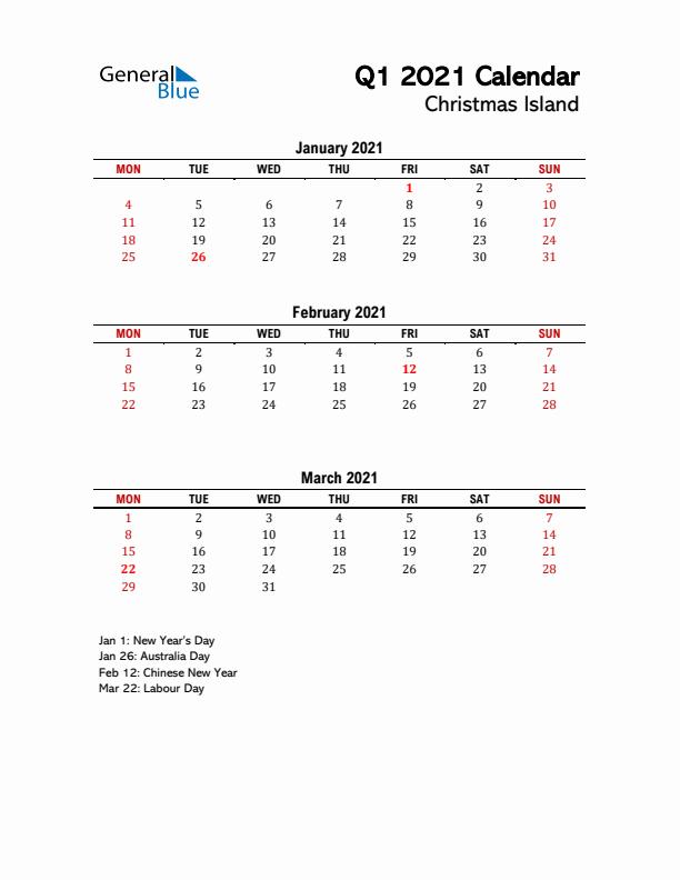 2021 Q1 Calendar with Holidays List for Christmas Island