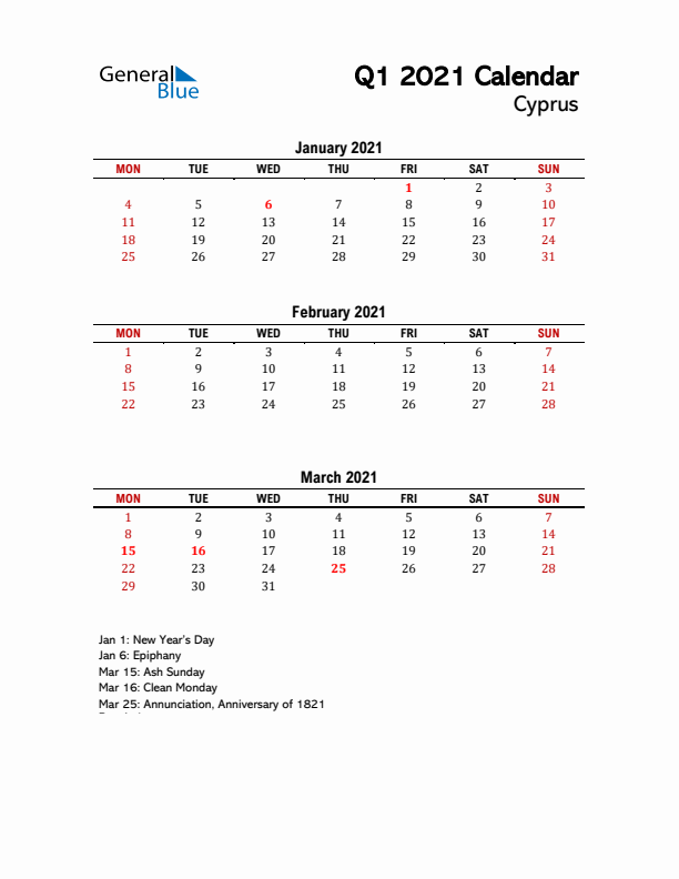 2021 Q1 Calendar with Holidays List for Cyprus