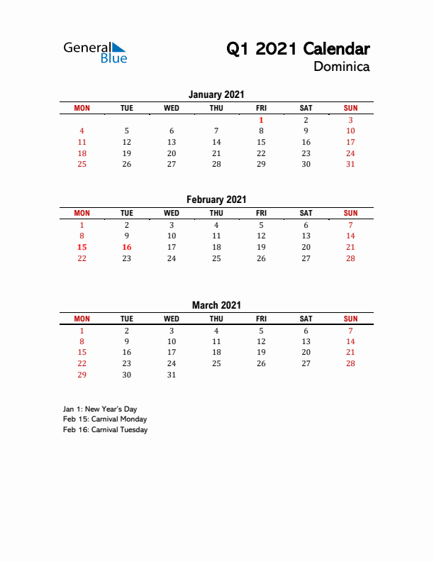 2021 Q1 Calendar with Holidays List for Dominica