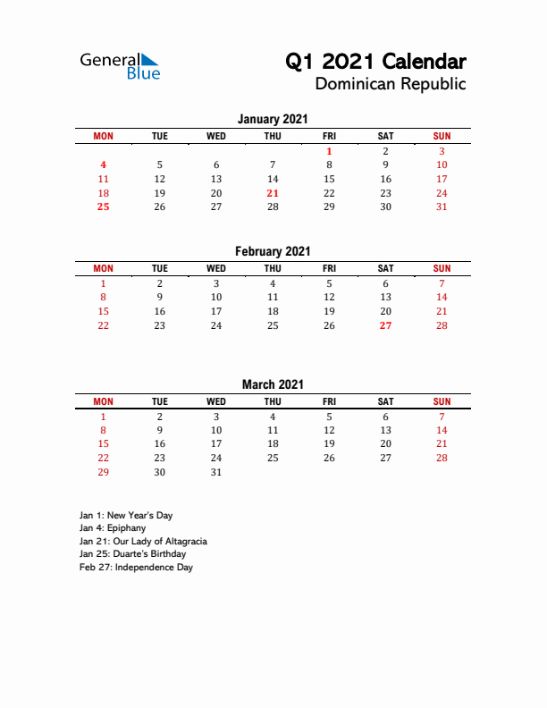 2021 Q1 Calendar with Holidays List for Dominican Republic