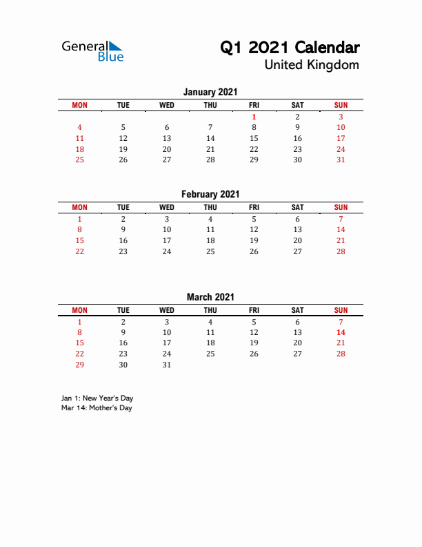 2021 Q1 Calendar with Holidays List for United Kingdom