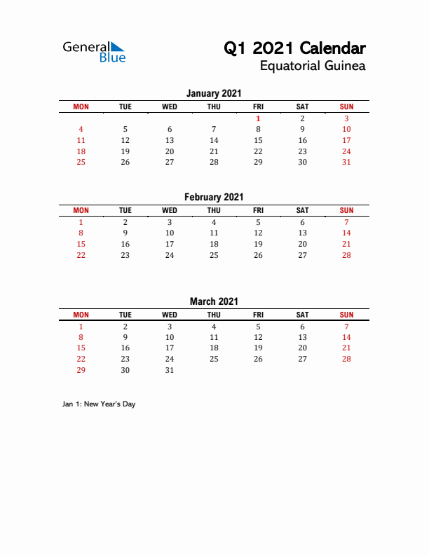 2021 Q1 Calendar with Holidays List for Equatorial Guinea