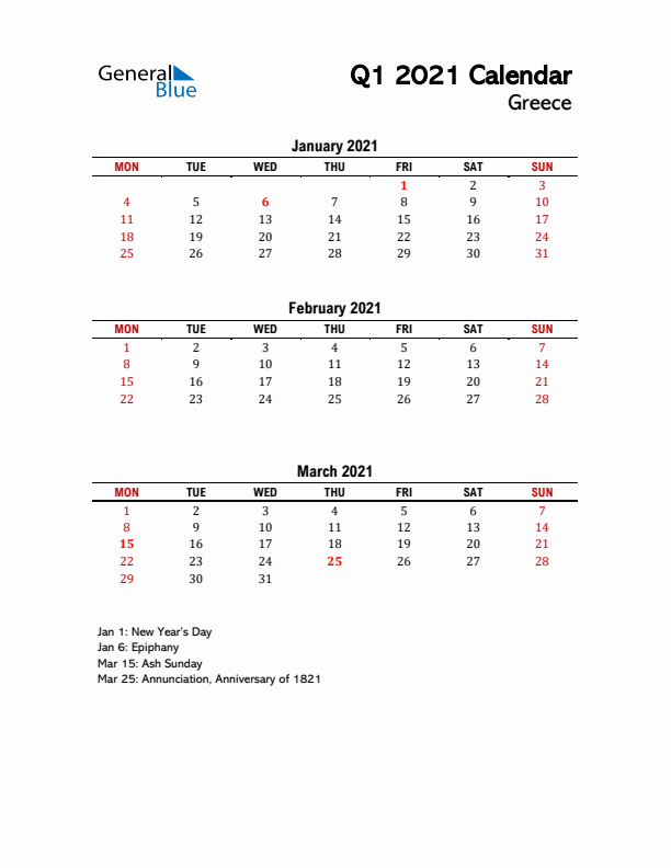 2021 Q1 Calendar with Holidays List for Greece