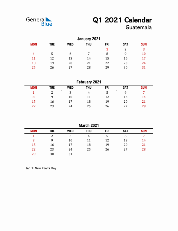 2021 Q1 Calendar with Holidays List for Guatemala