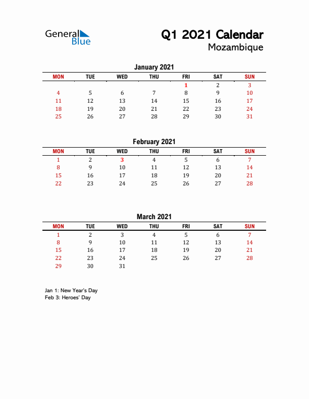 2021 Q1 Calendar with Holidays List for Mozambique