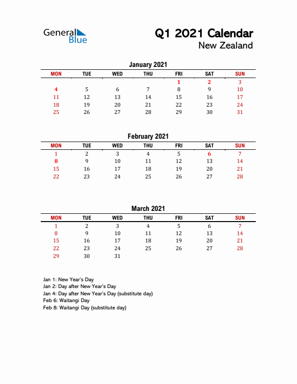 2021 Q1 Calendar with Holidays List for New Zealand