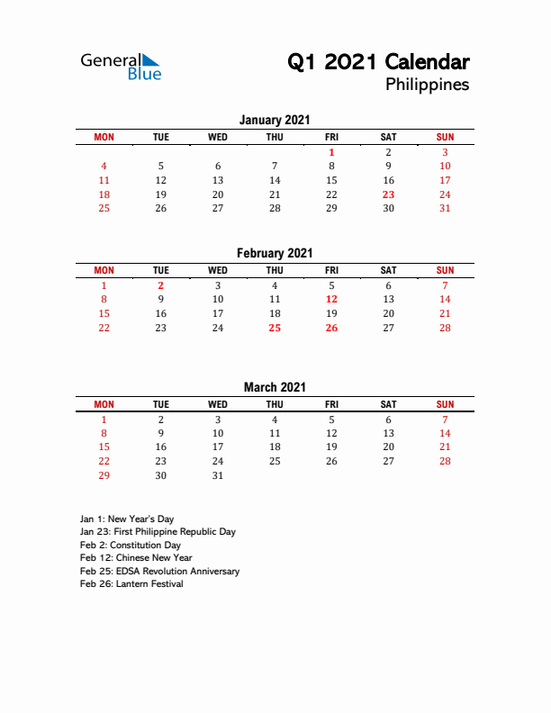 2021 Q1 Calendar with Holidays List for Philippines