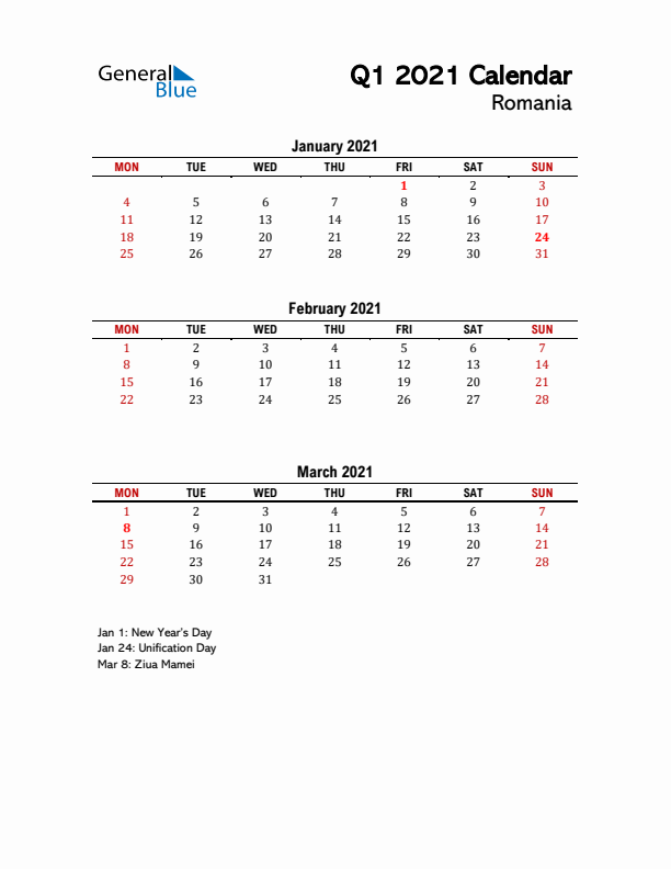 2021 Q1 Calendar with Holidays List for Romania