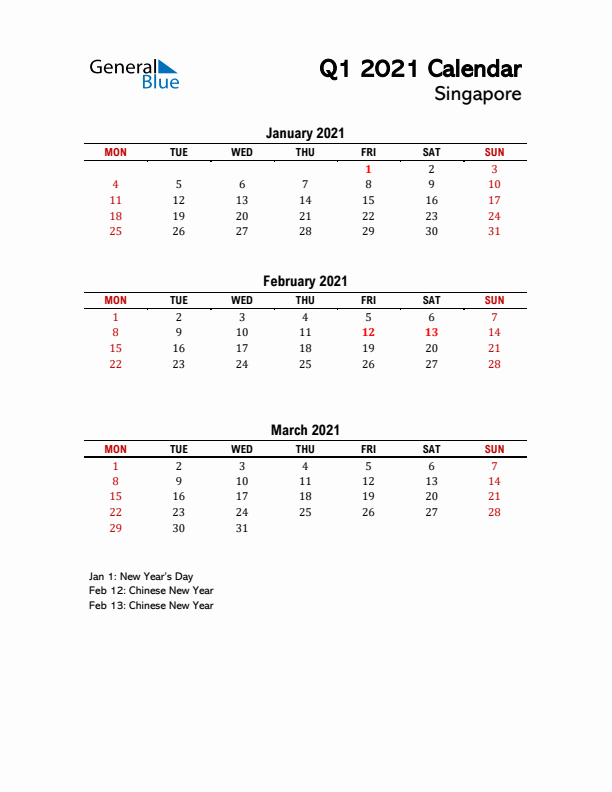 2021 Q1 Calendar with Holidays List for Singapore