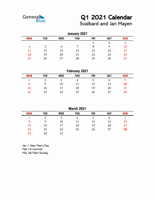 2021 Q1 Calendar with Holidays List for Svalbard and Jan Mayen