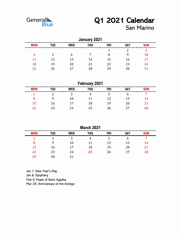 2021 Q1 Calendar with Holidays List for San Marino