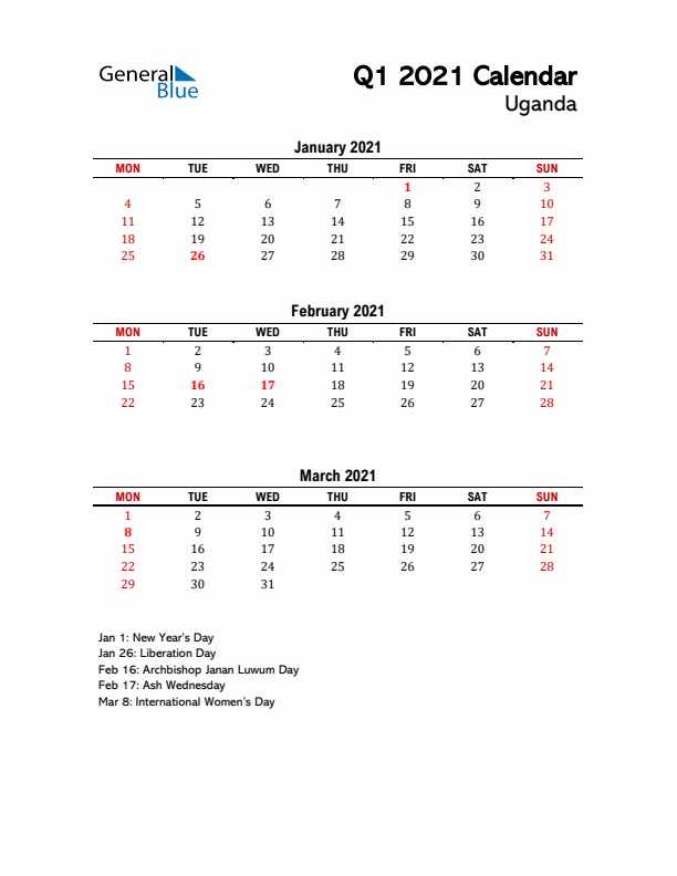 2021 Q1 Calendar with Holidays List for Uganda