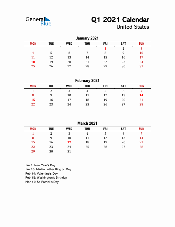 2021 Q1 Calendar with Holidays List for United States