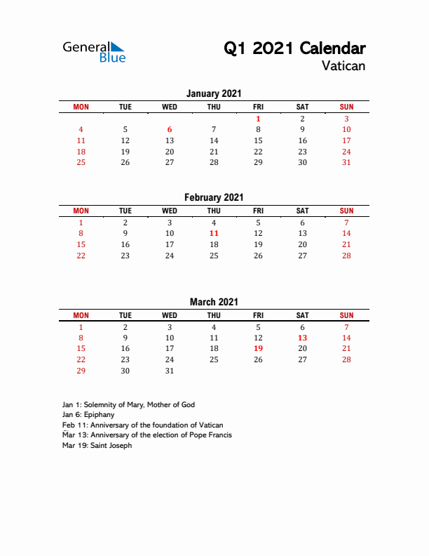 2021 Q1 Calendar with Holidays List for Vatican