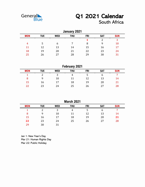 2021 Q1 Calendar with Holidays List for South Africa