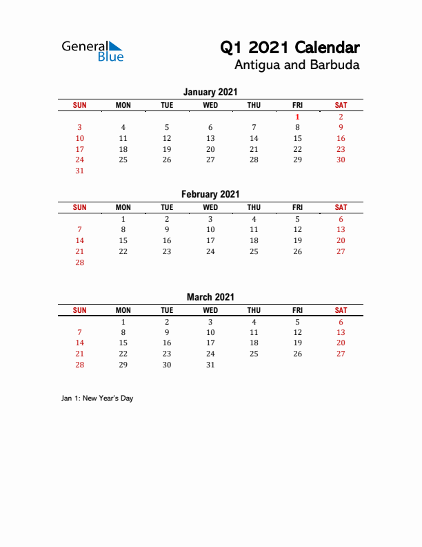 2021 Q1 Calendar with Holidays List for Antigua and Barbuda