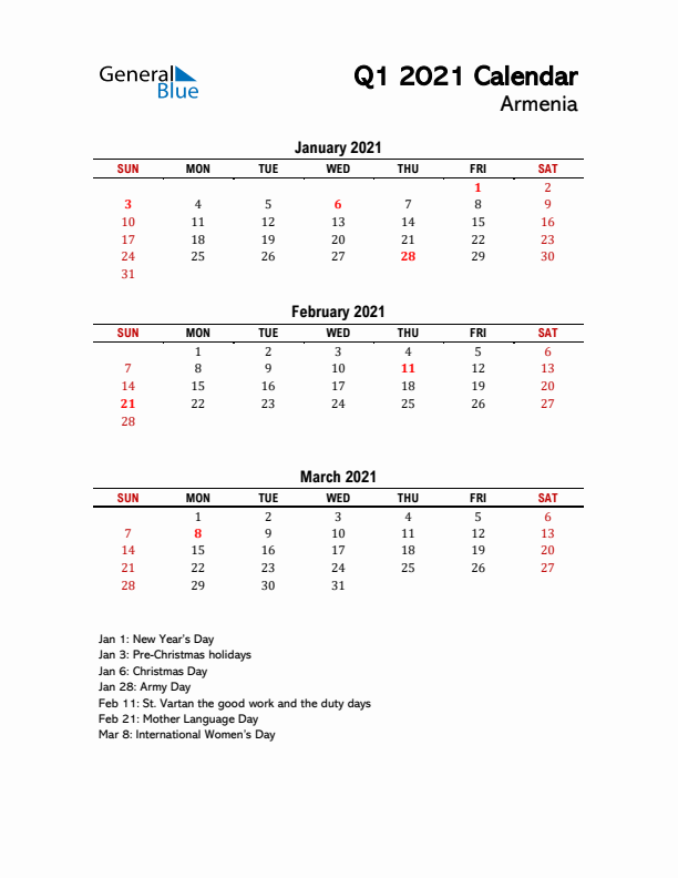 2021 Q1 Calendar with Holidays List for Armenia