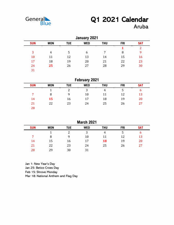 2021 Q1 Calendar with Holidays List for Aruba