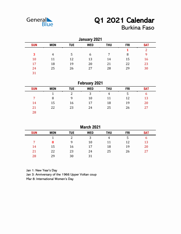 2021 Q1 Calendar with Holidays List for Burkina Faso