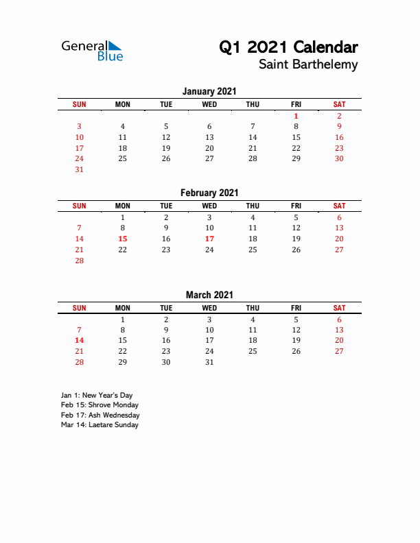 2021 Q1 Calendar with Holidays List for Saint Barthelemy