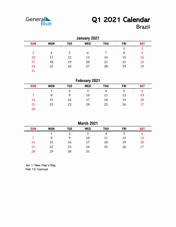 2021 Q1 Calendar with Holidays List for Brazil