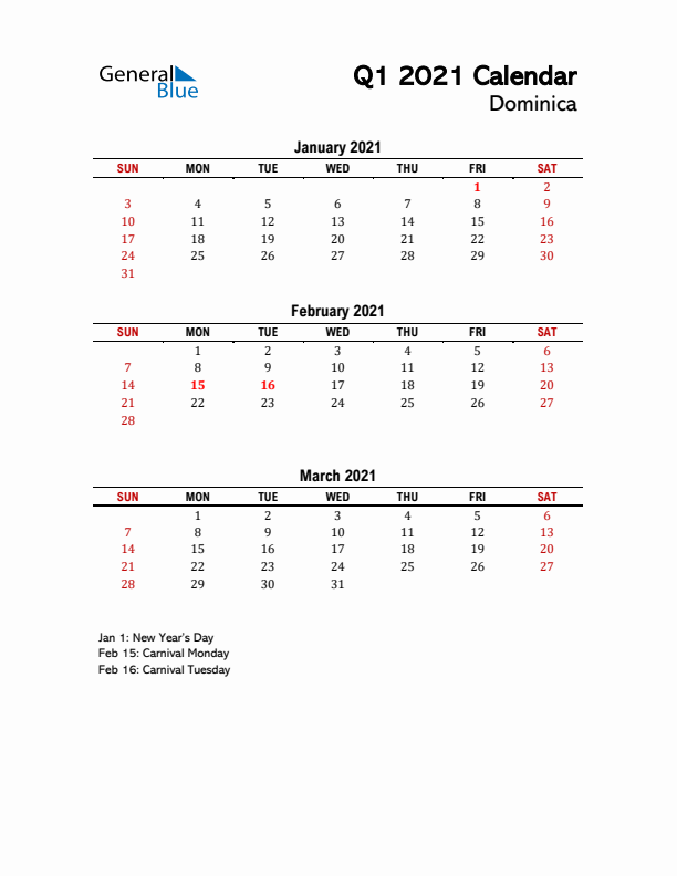 2021 Q1 Calendar with Holidays List for Dominica