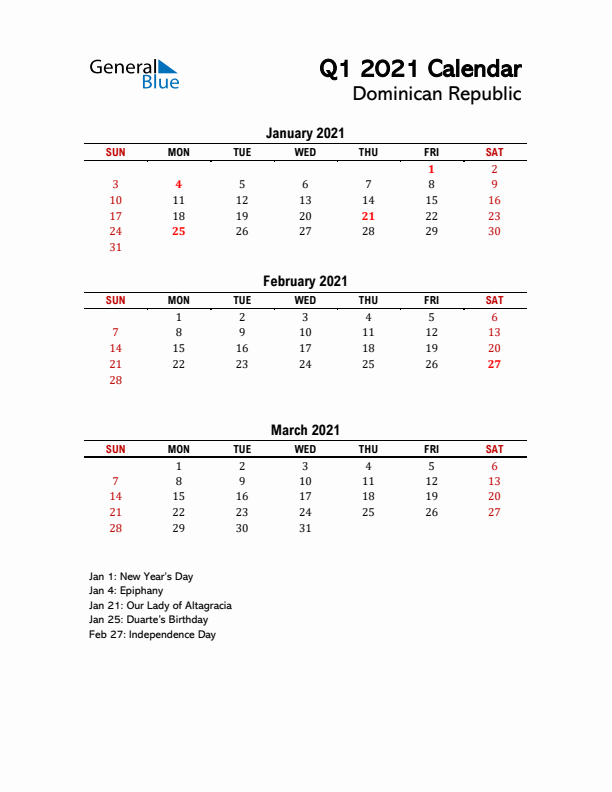 2021 Q1 Calendar with Holidays List for Dominican Republic