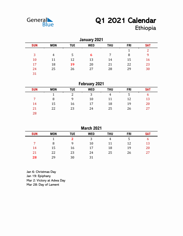 2021 Q1 Calendar with Holidays List for Ethiopia