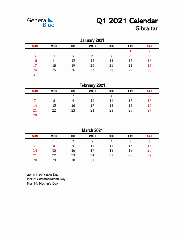 2021 Q1 Calendar with Holidays List for Gibraltar